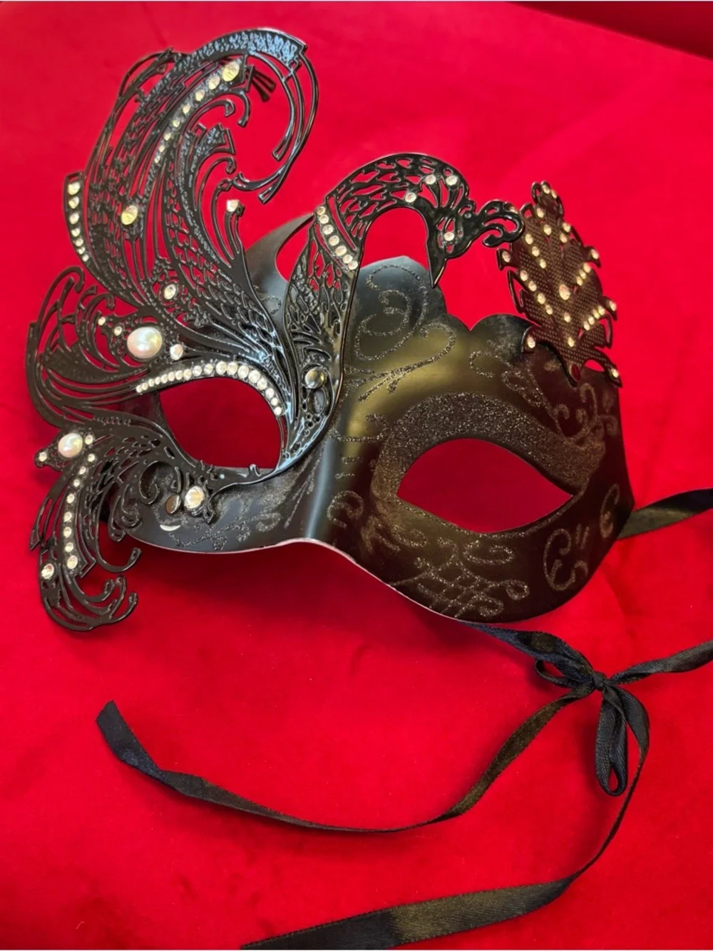 Black Filigree Feather Masquerade Mask with Rhinestones